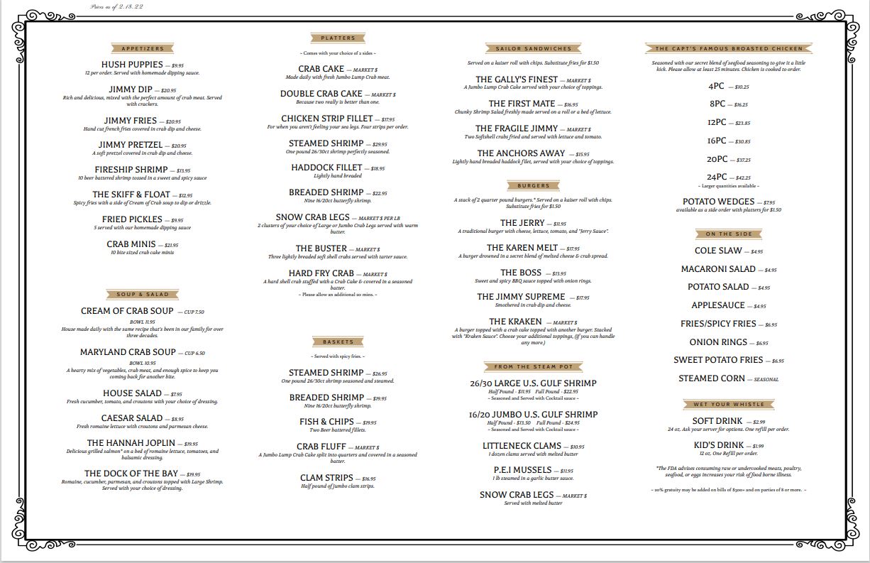 Detailed seafood menu