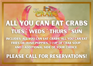 Promotional image for "All You Can Eat Crabs" at Cap'n Bob's Crabs, highlighting days, menu details, and a call for reservations. Don’t miss our All-You-Can-Eat Crab and Seafood Buffet—perfect for seafood lovers!.
