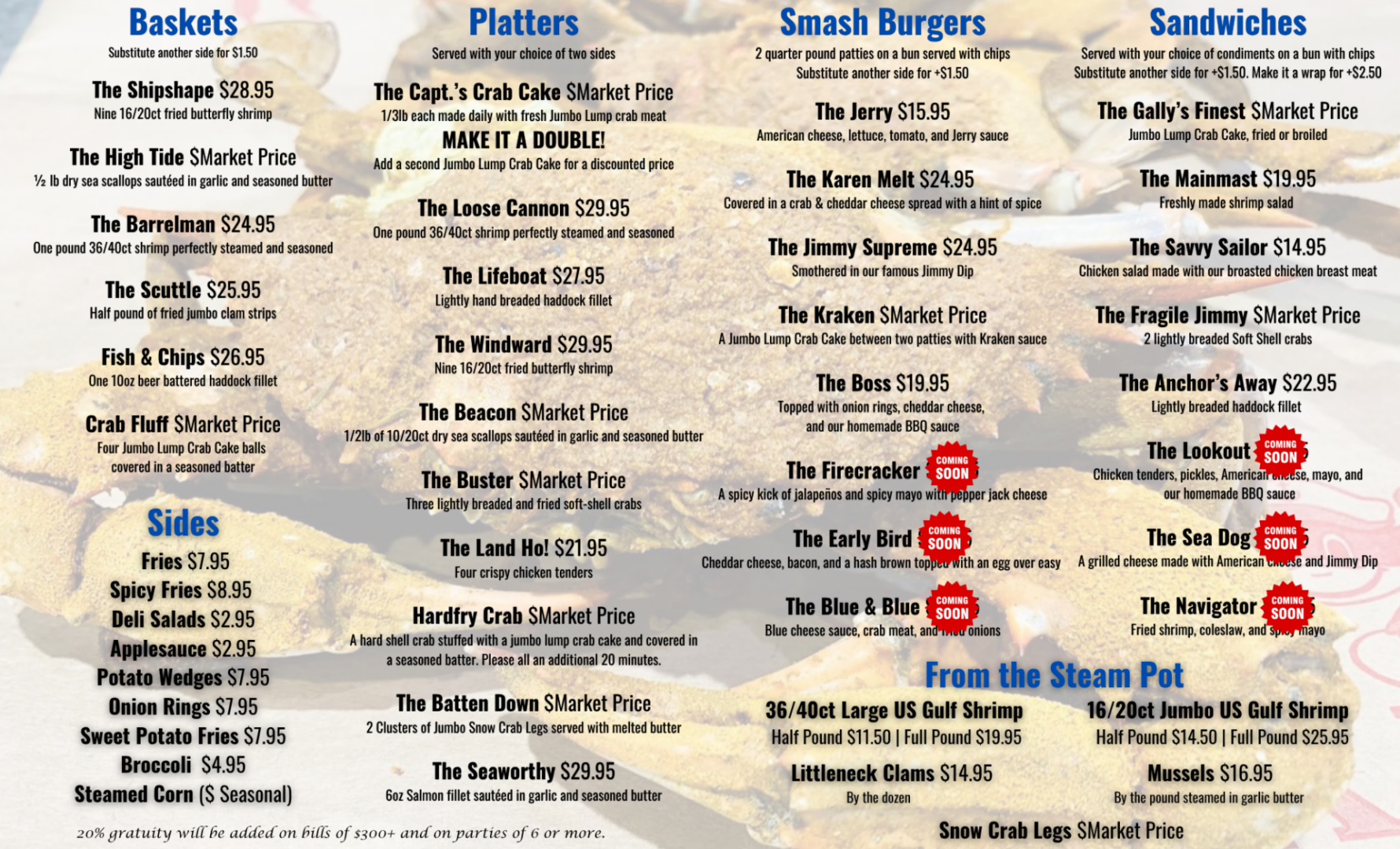 Seafood Menu featuring seafood baskets, platters, smash burgers, sandwiches, sides, and steam pot options, with prices and dish descriptions listed over a background of grilled seafood.