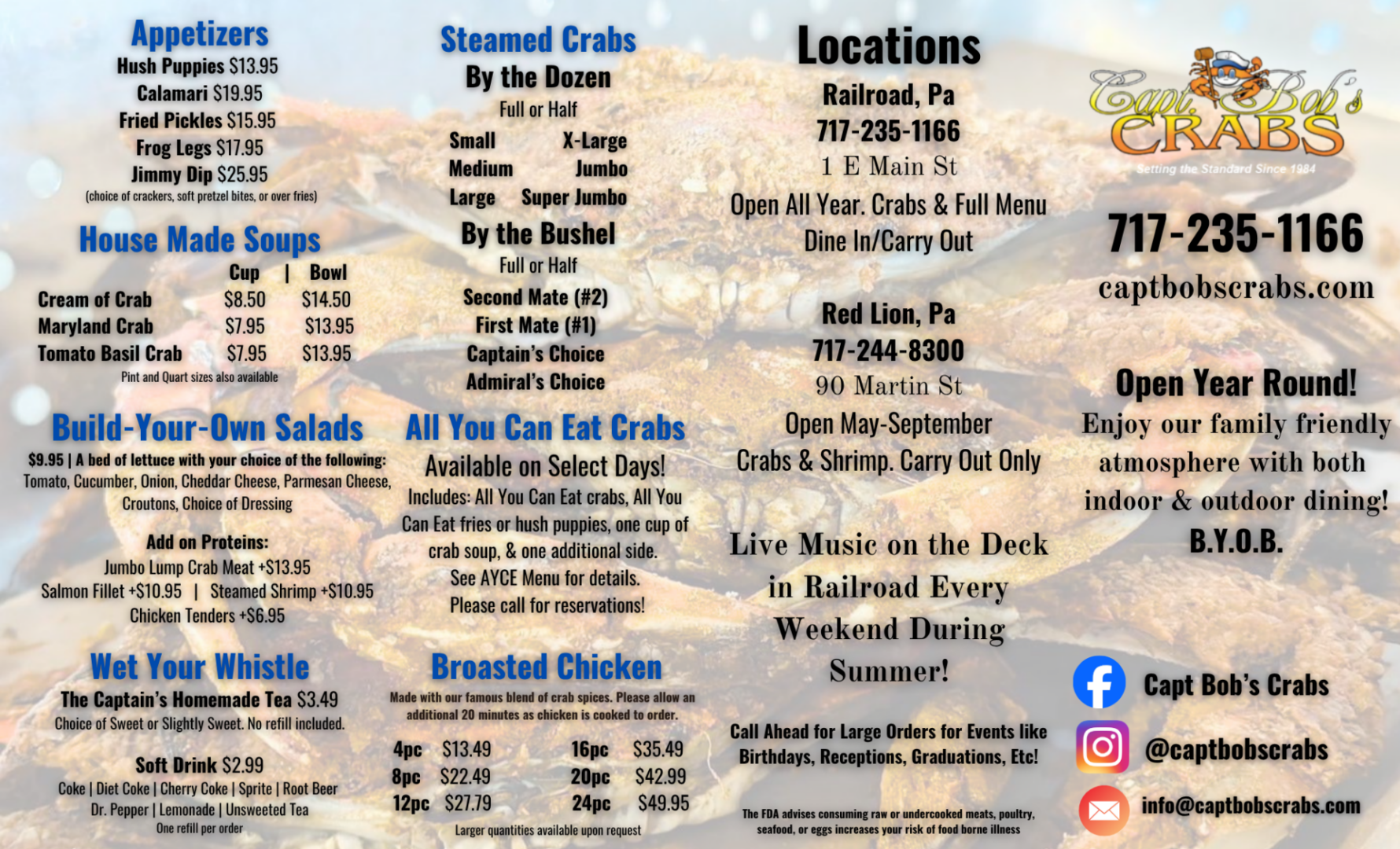 Menu for Capt Bob's Crabs featuring our Seafood Menu, broasted chicken, soups, salads, drinks, pricing, contact info, locations, hours, and social media links—all on a rustic wooden background.